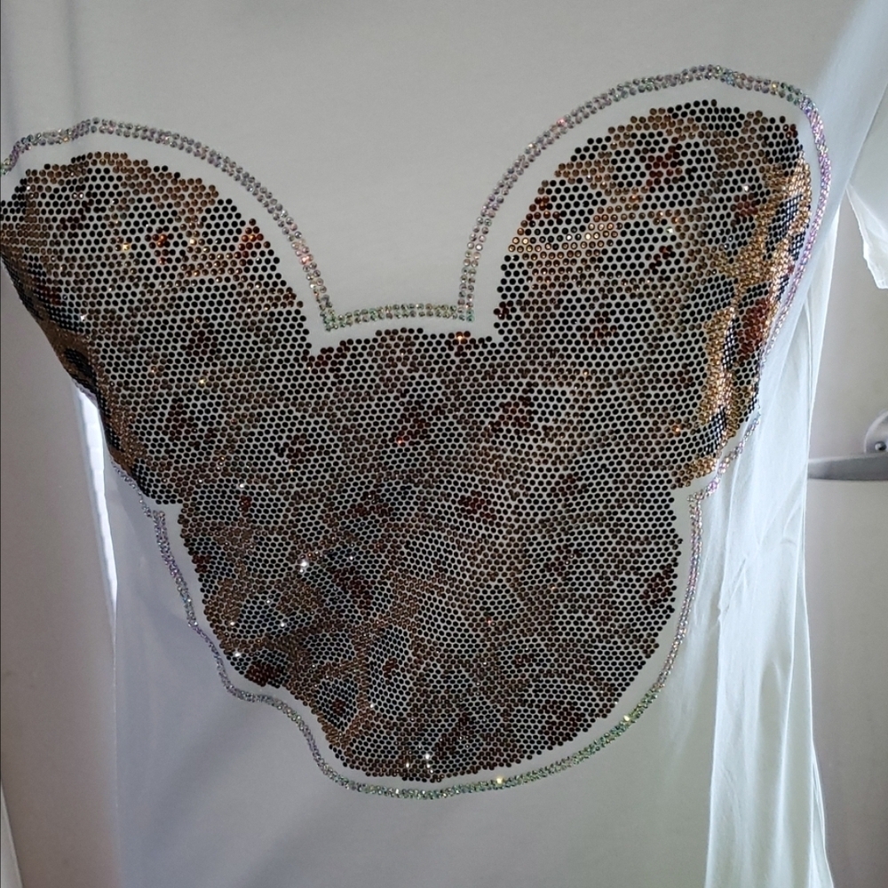 Hey Mickey, you are so fine! White Sequin Minnie Mouse T-Shirt L/XL - Picture 2 of 2